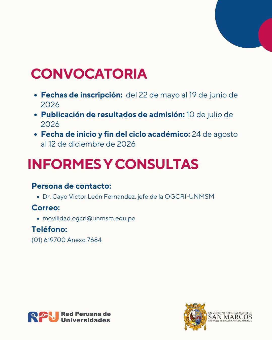 PROGRAMA DE MOVILIDAD ESTUDIANTIL DE LA RPU – UNMSM 2026-2 3