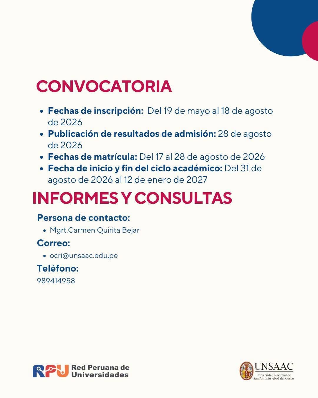 PROGRAMA DE MOVILIDAD ESTUDIANTIL DE LA RPU – UNSAAC 2026-2 3