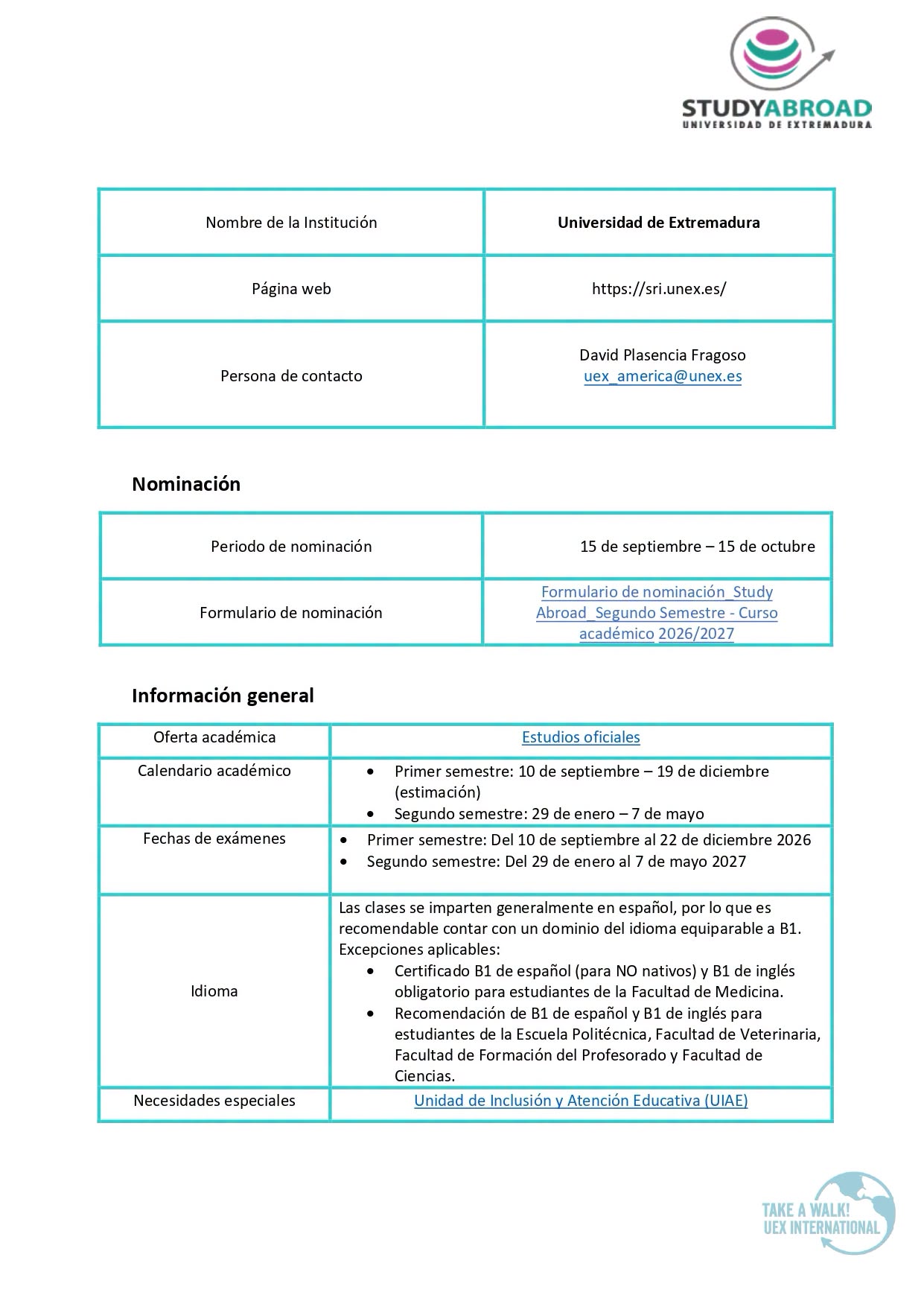 INTERCAMBIO ESTUDIANTIL – FACT SHEET STUDY ABROAD 2026 – 2027 1
